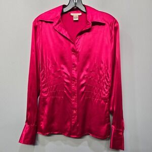 Vintage 90 Transitions 100% Silk Button Up Shirt Top Size 4 Hot Pink Satin Bratz